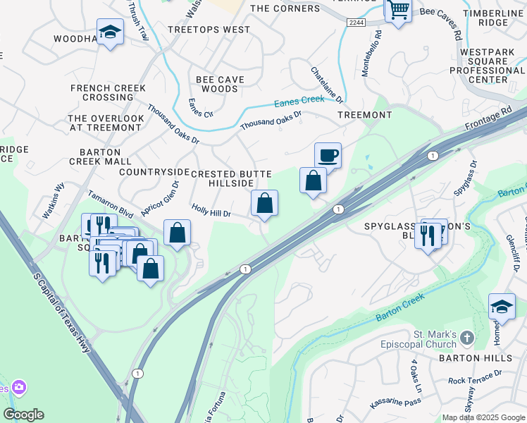 map of restaurants, bars, coffee shops, grocery stores, and more near 1801 Capital Parkway in Austin