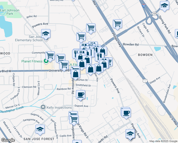 map of restaurants, bars, coffee shops, grocery stores, and more near 6015 East Morrow Street in Jacksonville