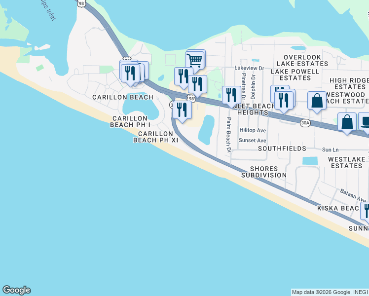map of restaurants, bars, coffee shops, grocery stores, and more near 23011 Front Beach Road in Panama City Beach