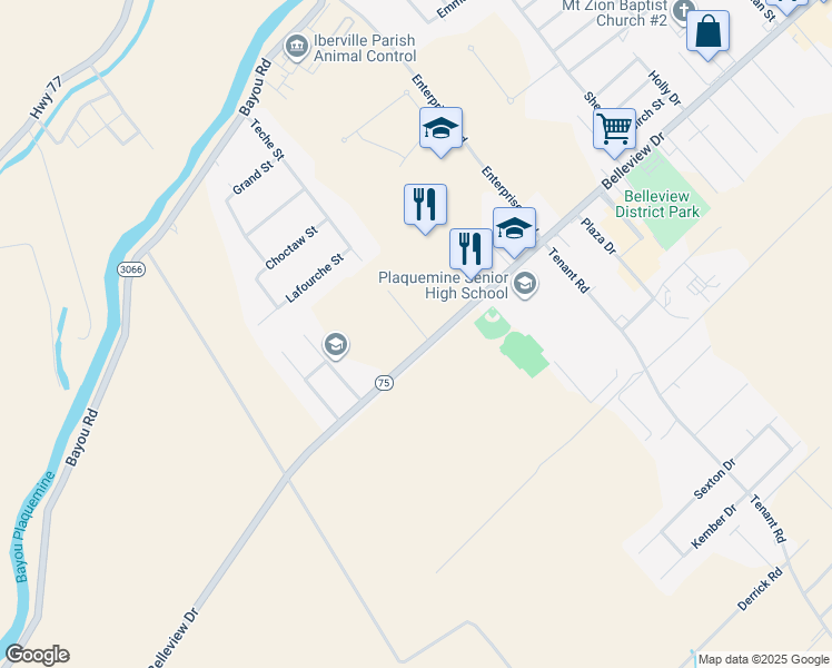 map of restaurants, bars, coffee shops, grocery stores, and more near 59920 Belleview Drive in Plaquemine