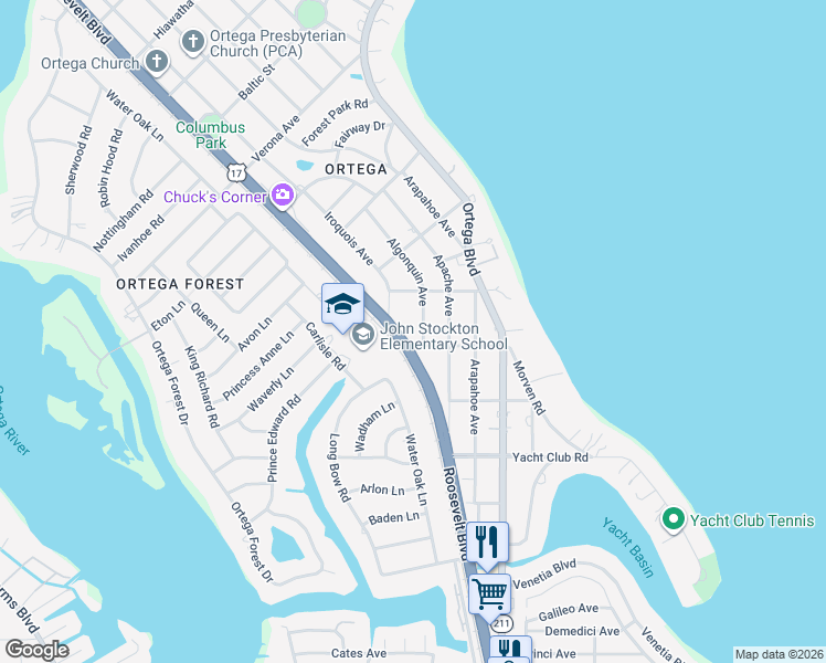 map of restaurants, bars, coffee shops, grocery stores, and more near 4825 Iroquois Avenue in Jacksonville