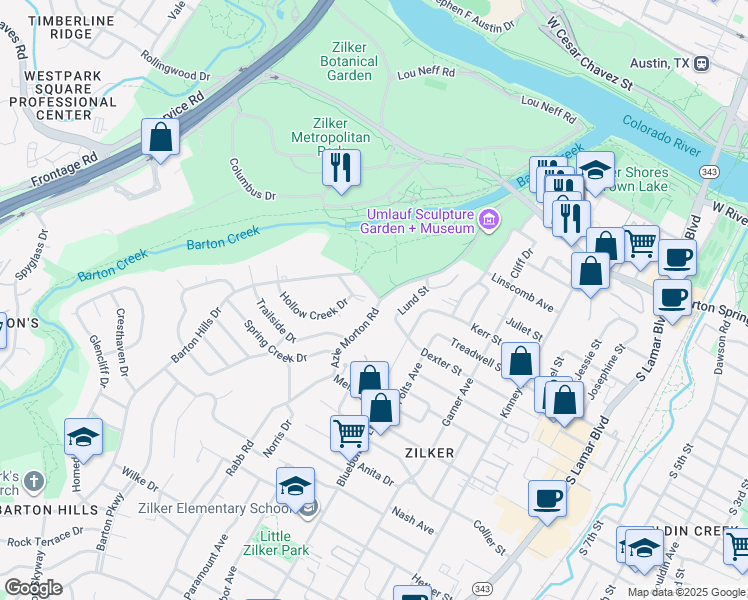 map of restaurants, bars, coffee shops, grocery stores, and more near 1100 Azie Morton Road in Austin