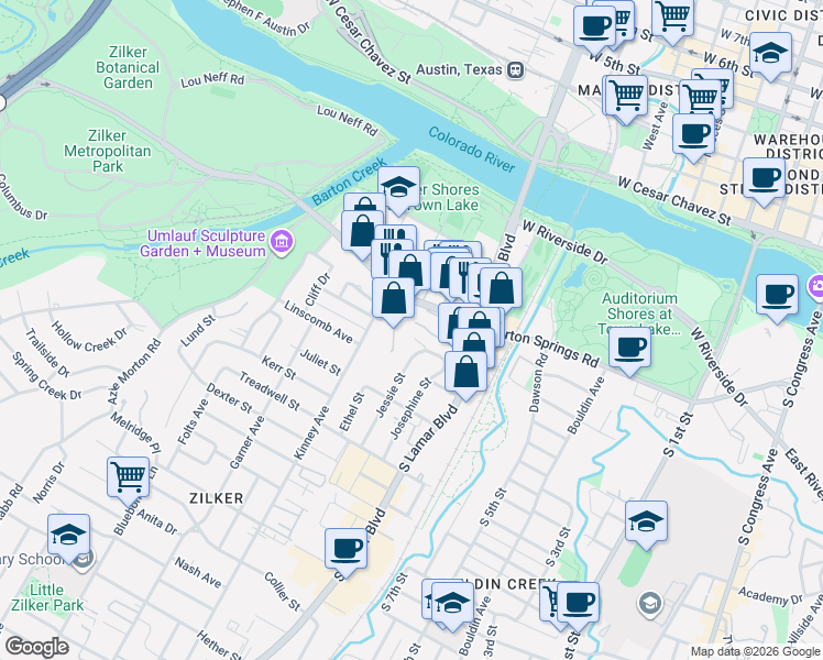 map of restaurants, bars, coffee shops, grocery stores, and more near 1506 Hillmont Street in Austin