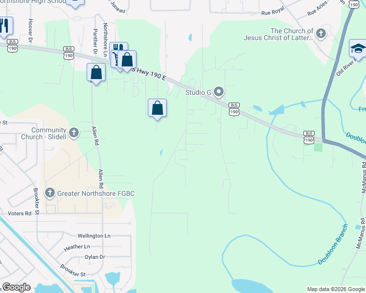 map of restaurants, bars, coffee shops, grocery stores, and more near 57250 South Hardin Road in Slidell