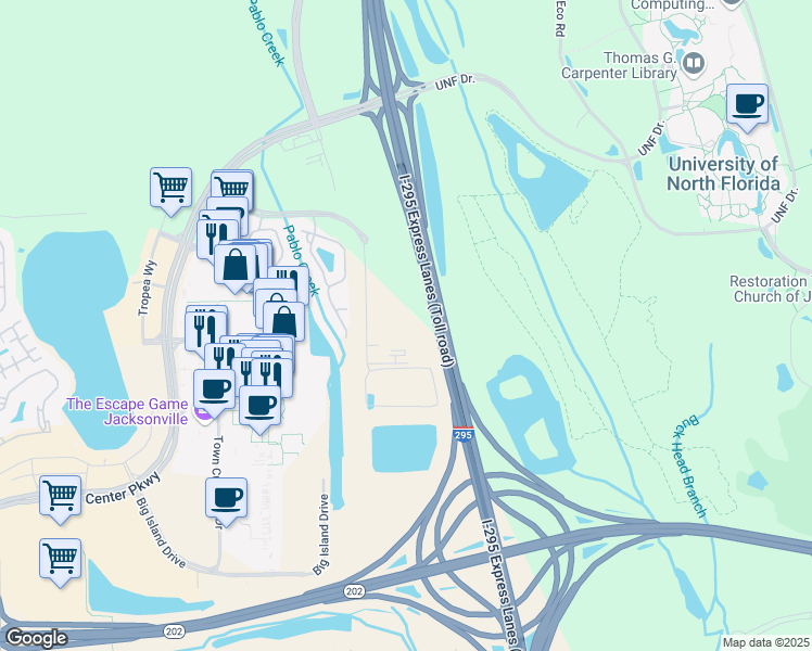 map of restaurants, bars, coffee shops, grocery stores, and more near 10595 Brightman Boulevard in Jacksonville