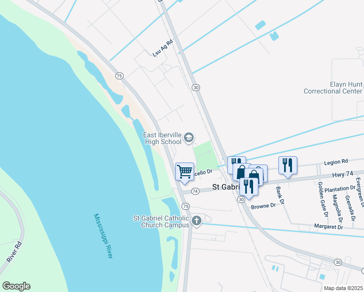 map of restaurants, bars, coffee shops, grocery stores, and more near 3285 Louisiana 75 in Saint Gabriel