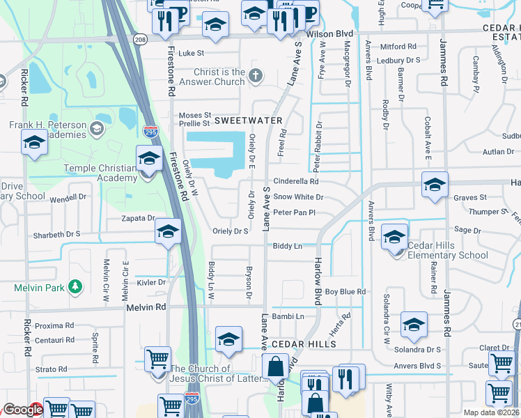 map of restaurants, bars, coffee shops, grocery stores, and more near 4211 Oriely Drive in Jacksonville