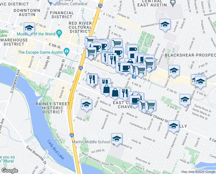 map of restaurants, bars, coffee shops, grocery stores, and more near 204 Attayac Street in Austin