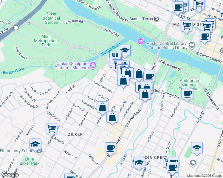 map of restaurants, bars, coffee shops, grocery stores, and more near 1612 Linscomb Avenue in Austin