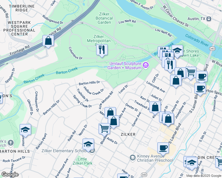 map of restaurants, bars, coffee shops, grocery stores, and more near 1100 Barton Hills Drive in Austin
