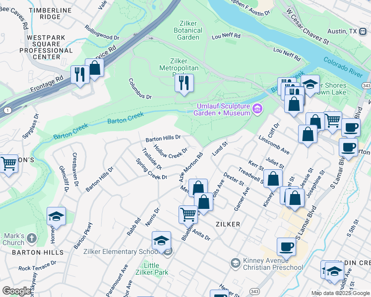 map of restaurants, bars, coffee shops, grocery stores, and more near 1135 Barton Hills Drive in Austin