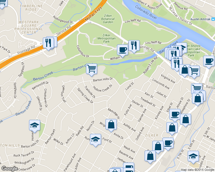 map of restaurants, bars, coffee shops, grocery stores, and more near 1135 Barton Hills Drive in Austin