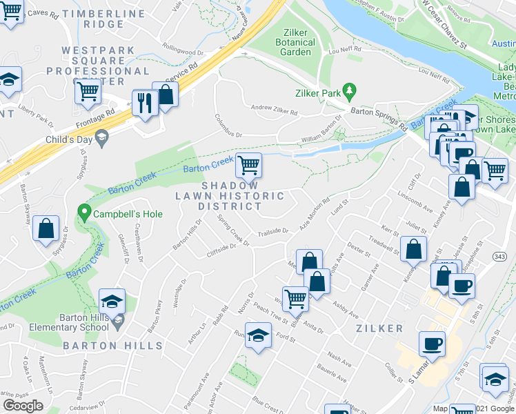 map of restaurants, bars, coffee shops, grocery stores, and more near 1300 Hollow Creek Drive in Austin