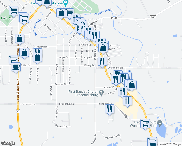 map of restaurants, bars, coffee shops, grocery stores, and more near 604 South Eagle Street in Fredericksburg