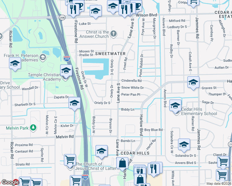 map of restaurants, bars, coffee shops, grocery stores, and more near 4211 Oriely Drive in Jacksonville