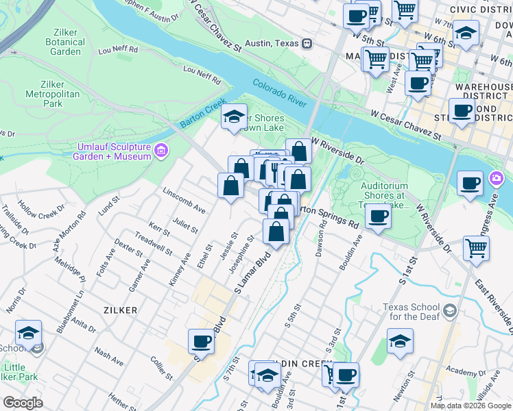 map of restaurants, bars, coffee shops, grocery stores, and more near 1410 Barton Springs Road in Austin