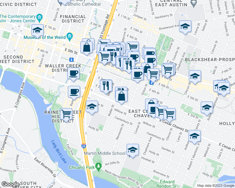map of restaurants, bars, coffee shops, grocery stores, and more near E 2nd St & Waller St in Austin