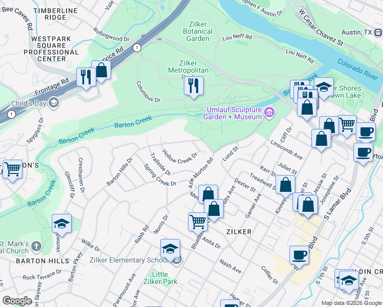 map of restaurants, bars, coffee shops, grocery stores, and more near 1135 Barton Hills Drive in Austin