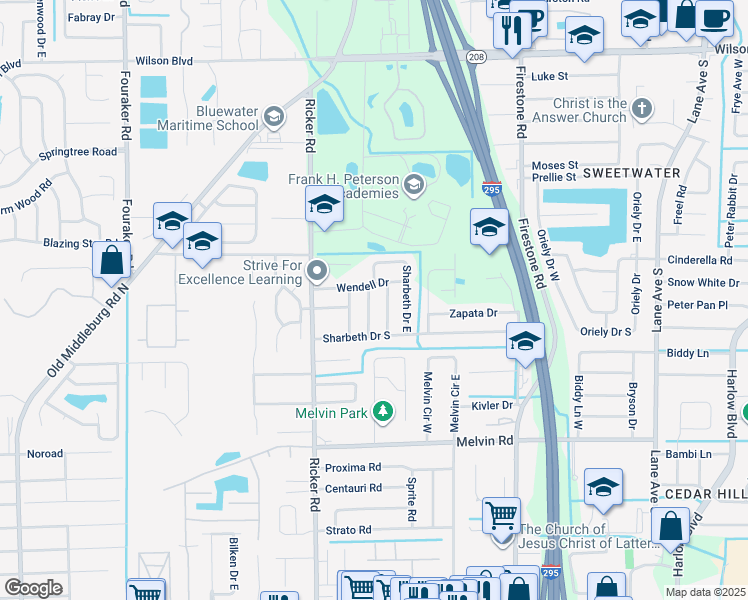 map of restaurants, bars, coffee shops, grocery stores, and more near 4221 Sabine Drive in Jacksonville