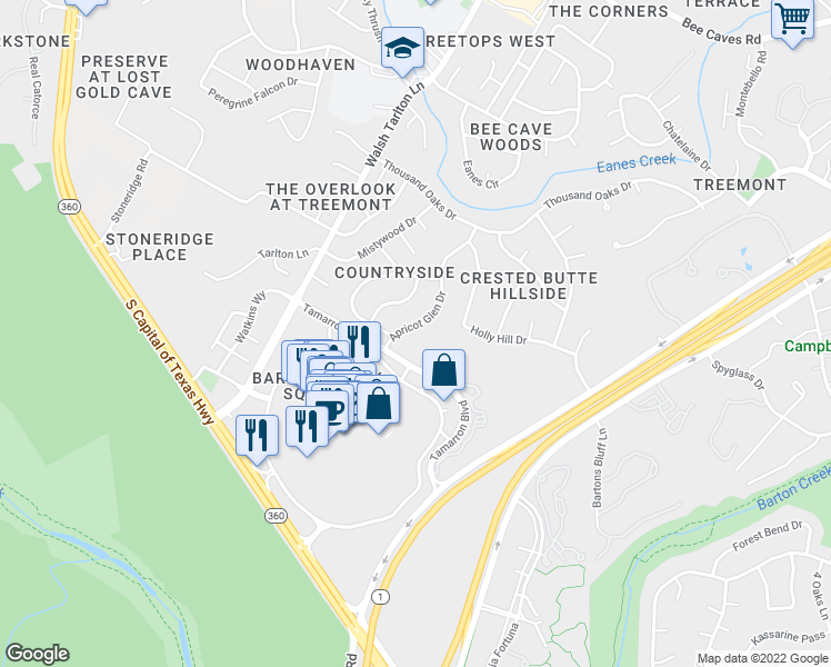map of restaurants, bars, coffee shops, grocery stores, and more near 2103 Apricot Glen Dr in Austin
