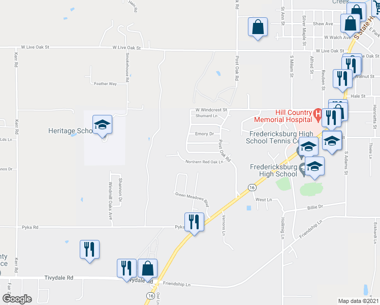 map of restaurants, bars, coffee shops, grocery stores, and more near 724 Darlington Drive in Fredericksburg