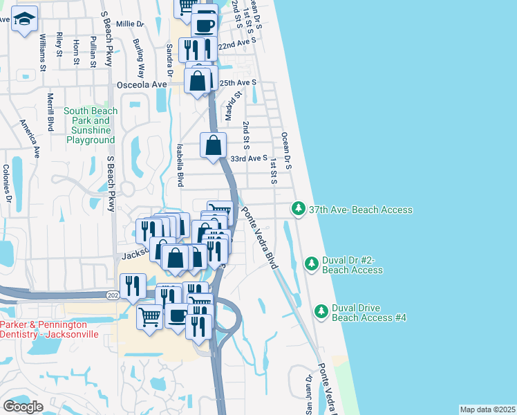 map of restaurants, bars, coffee shops, grocery stores, and more near 134 36th Avenue South in Jacksonville Beach