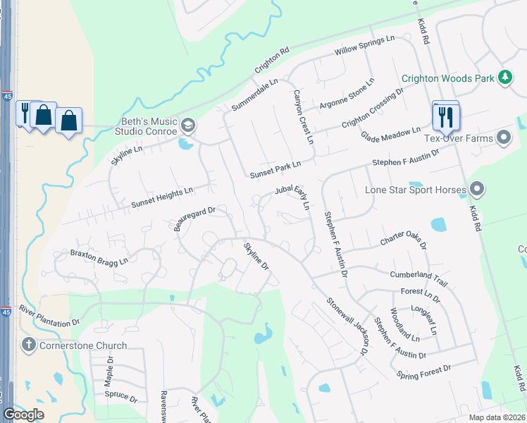 map of restaurants, bars, coffee shops, grocery stores, and more near 521 Williamsburg Park in Conroe