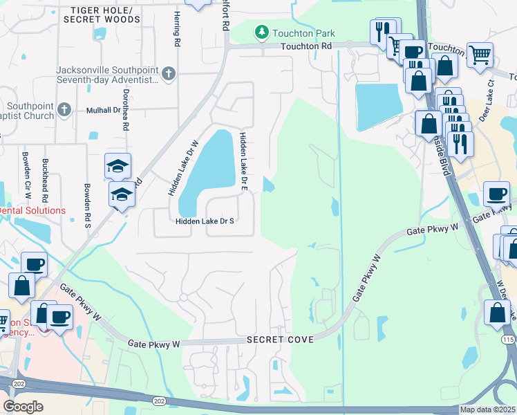 map of restaurants, bars, coffee shops, grocery stores, and more near 3507 Compass Rose Drive East in Jacksonville