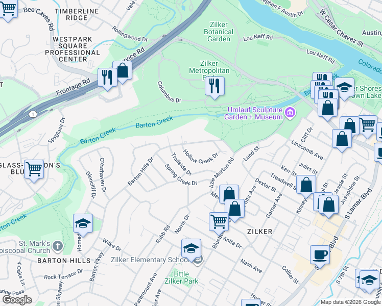 map of restaurants, bars, coffee shops, grocery stores, and more near 1212 Hollow Creek Drive in Austin