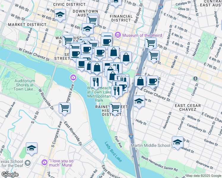 map of restaurants, bars, coffee shops, grocery stores, and more near 505 Willow Street in Austin