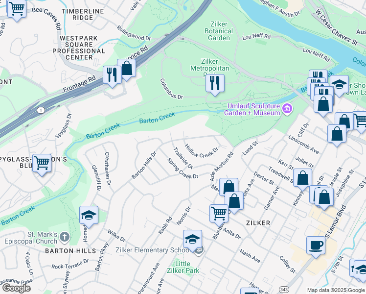 map of restaurants, bars, coffee shops, grocery stores, and more near 2504 Trailside Drive in Austin
