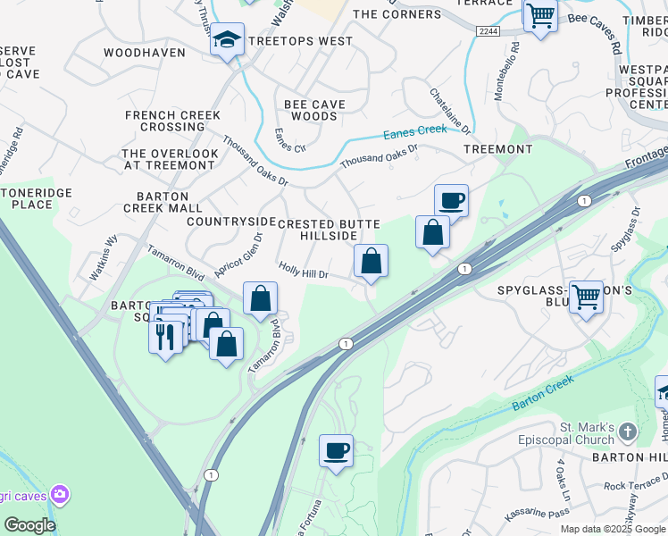 map of restaurants, bars, coffee shops, grocery stores, and more near 1905 Steamboat Springs Cove in Austin