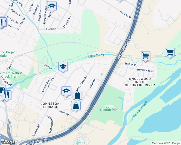 map of restaurants, bars, coffee shops, grocery stores, and more near 1203 Arthur Stiles Road in Austin