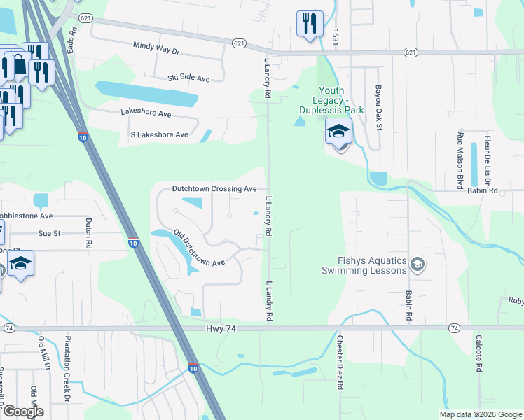 map of restaurants, bars, coffee shops, grocery stores, and more near 13227 L Landry Road in Gonzales