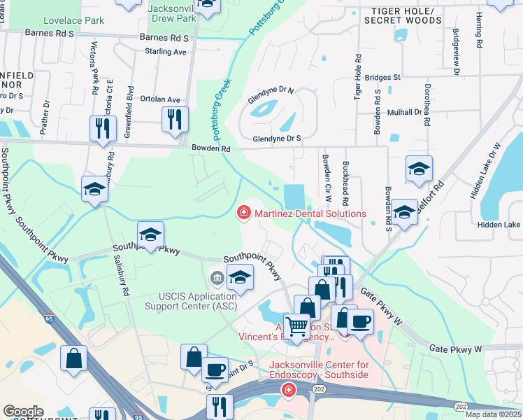 map of restaurants, bars, coffee shops, grocery stores, and more near 6817 Southpoint Parkway in Jacksonville