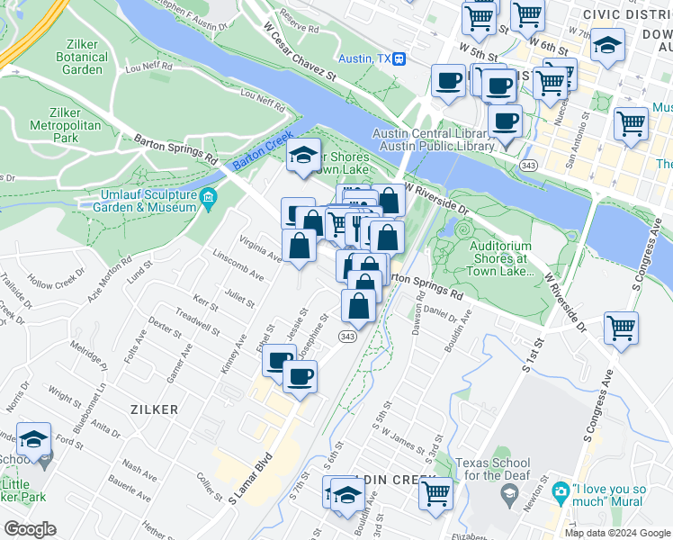 map of restaurants, bars, coffee shops, grocery stores, and more near 1410 Barton Springs Road in Austin
