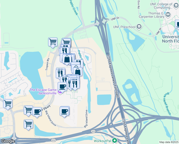 map of restaurants, bars, coffee shops, grocery stores, and more near 4585 Capital Dome Drive in Jacksonville