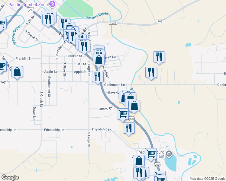 map of restaurants, bars, coffee shops, grocery stores, and more near 112 Beverly Drive in Fredericksburg