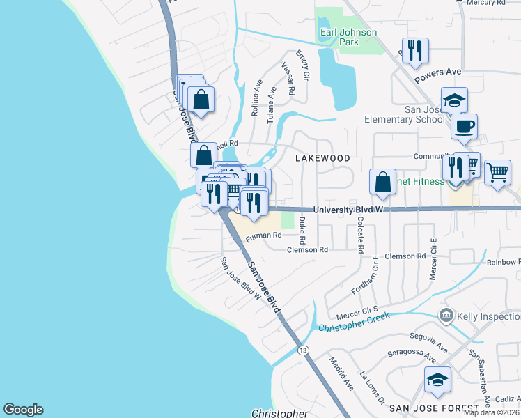 map of restaurants, bars, coffee shops, grocery stores, and more near in Jacksonville