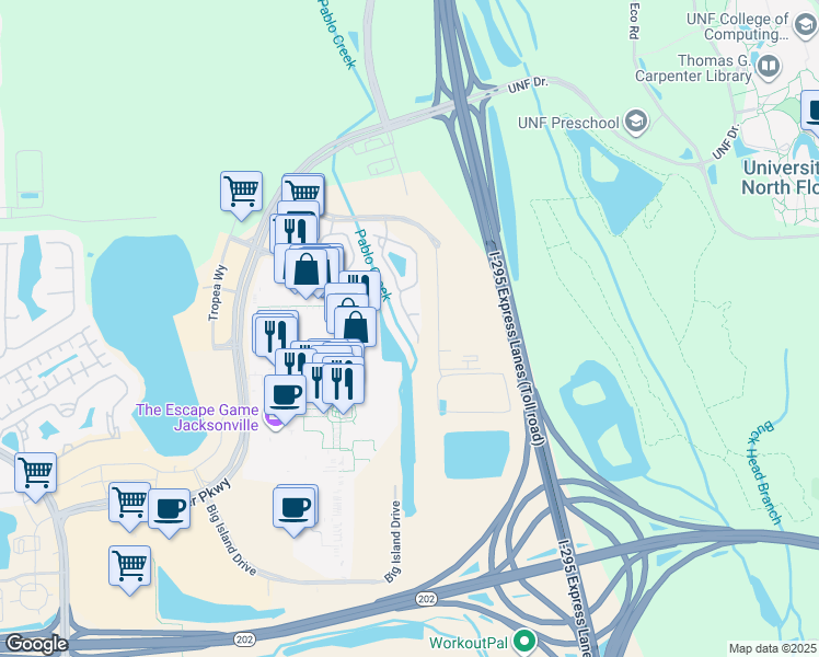 map of restaurants, bars, coffee shops, grocery stores, and more near 4585 Capital Dome Drive in Jacksonville