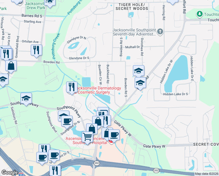 map of restaurants, bars, coffee shops, grocery stores, and more near 3633 Buckhead Road in Jacksonville