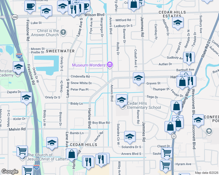 map of restaurants, bars, coffee shops, grocery stores, and more near 6650 Harlow Boulevard in Jacksonville