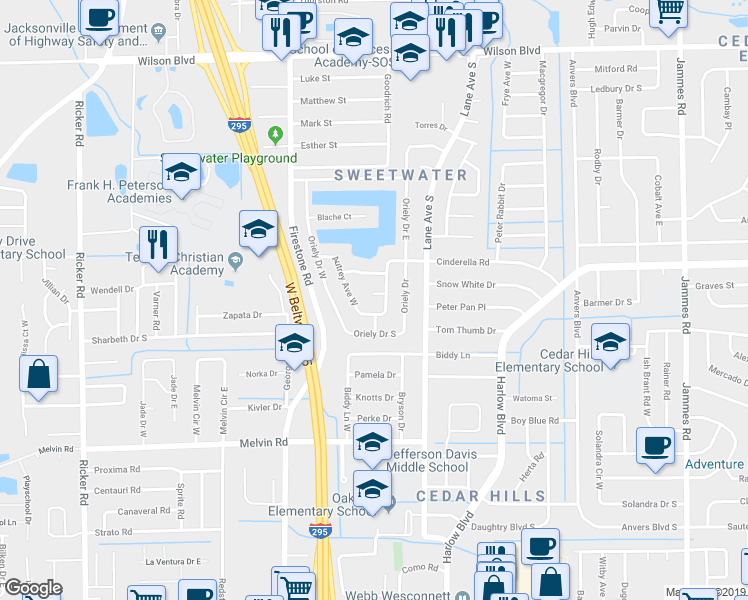 map of restaurants, bars, coffee shops, grocery stores, and more near 4210 Autrey Avenue East in Jacksonville