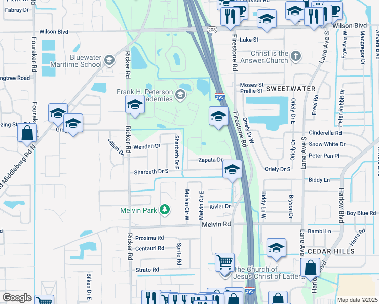 map of restaurants, bars, coffee shops, grocery stores, and more near 4250 Matador Drive in Jacksonville