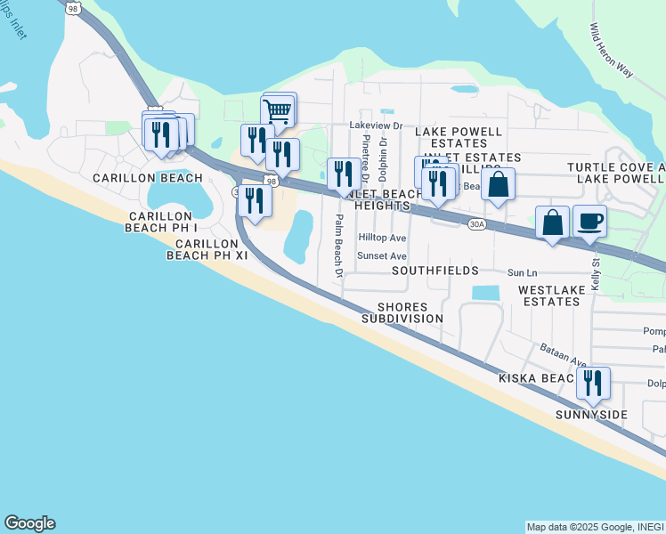 map of restaurants, bars, coffee shops, grocery stores, and more near 211 Palm Beach Drive in Panama City Beach