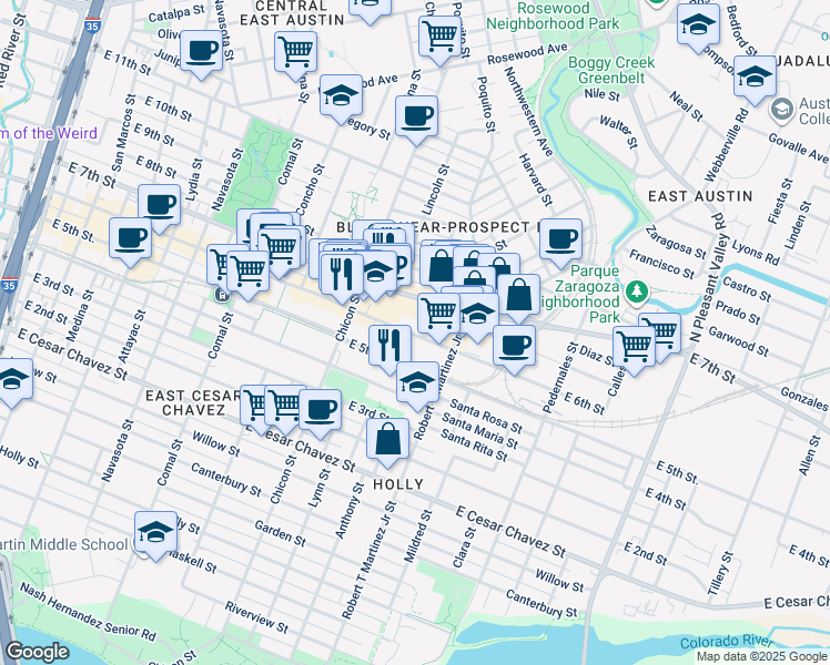map of restaurants, bars, coffee shops, grocery stores, and more near 2006 East 6th Street in Austin