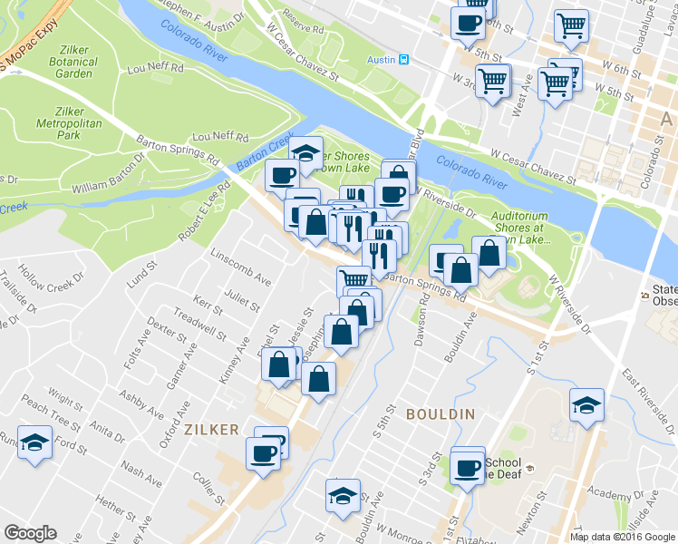 map of restaurants, bars, coffee shops, grocery stores, and more near 1410 Barton Springs Road in Austin