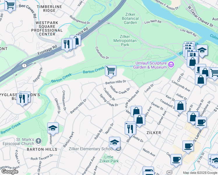 map of restaurants, bars, coffee shops, grocery stores, and more near 2504 Trailside Drive in Austin