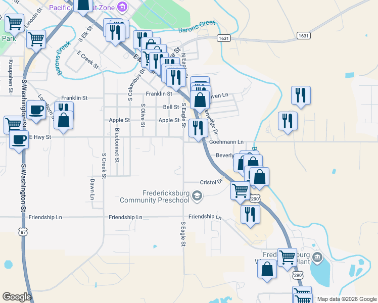 map of restaurants, bars, coffee shops, grocery stores, and more near 1003 East Highway Street in Fredericksburg
