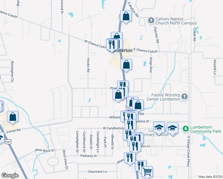map of restaurants, bars, coffee shops, grocery stores, and more near 100 Rustic Lane in Lumberton